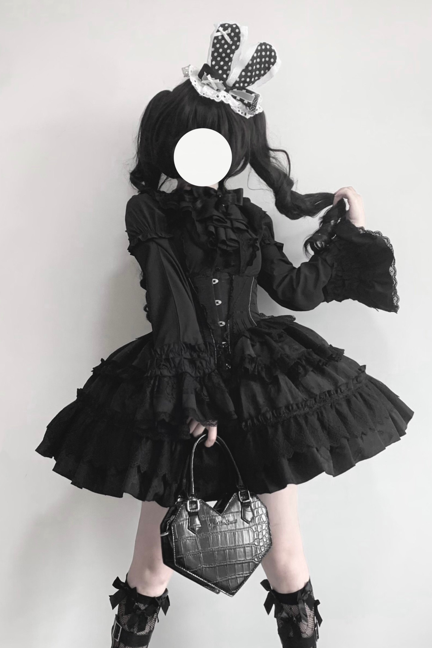 ゴシックフィッシュボーンスカート+シャツ+リボンカラー