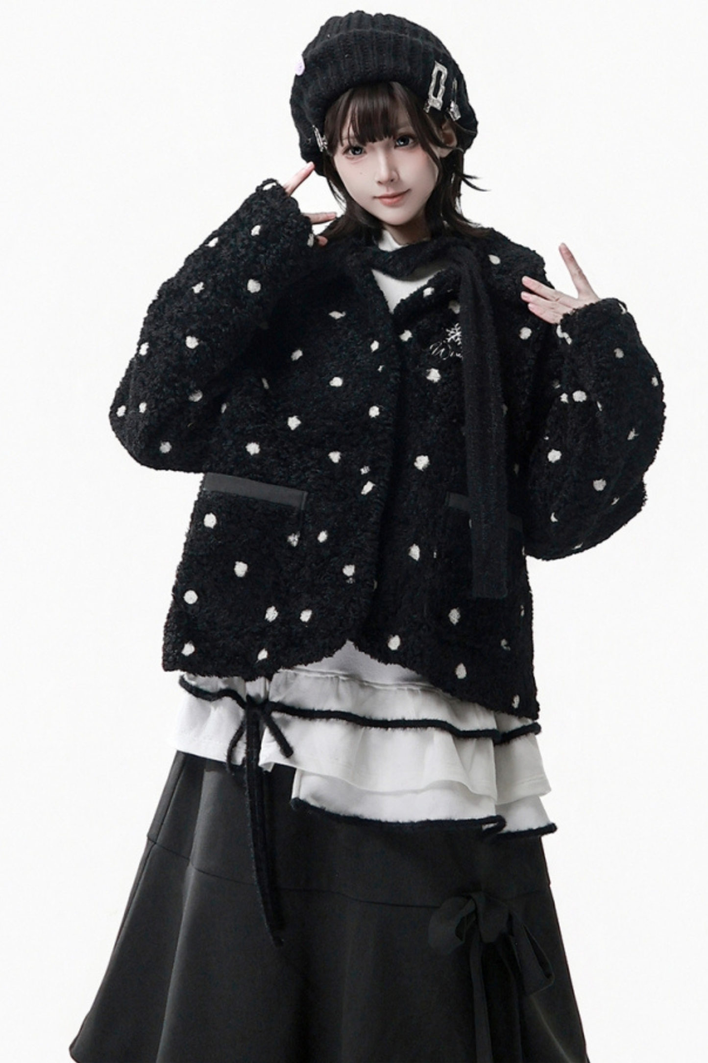 ポルカドットウィンターフリースジャケット+ベスト+トップス+スカートスカーフ