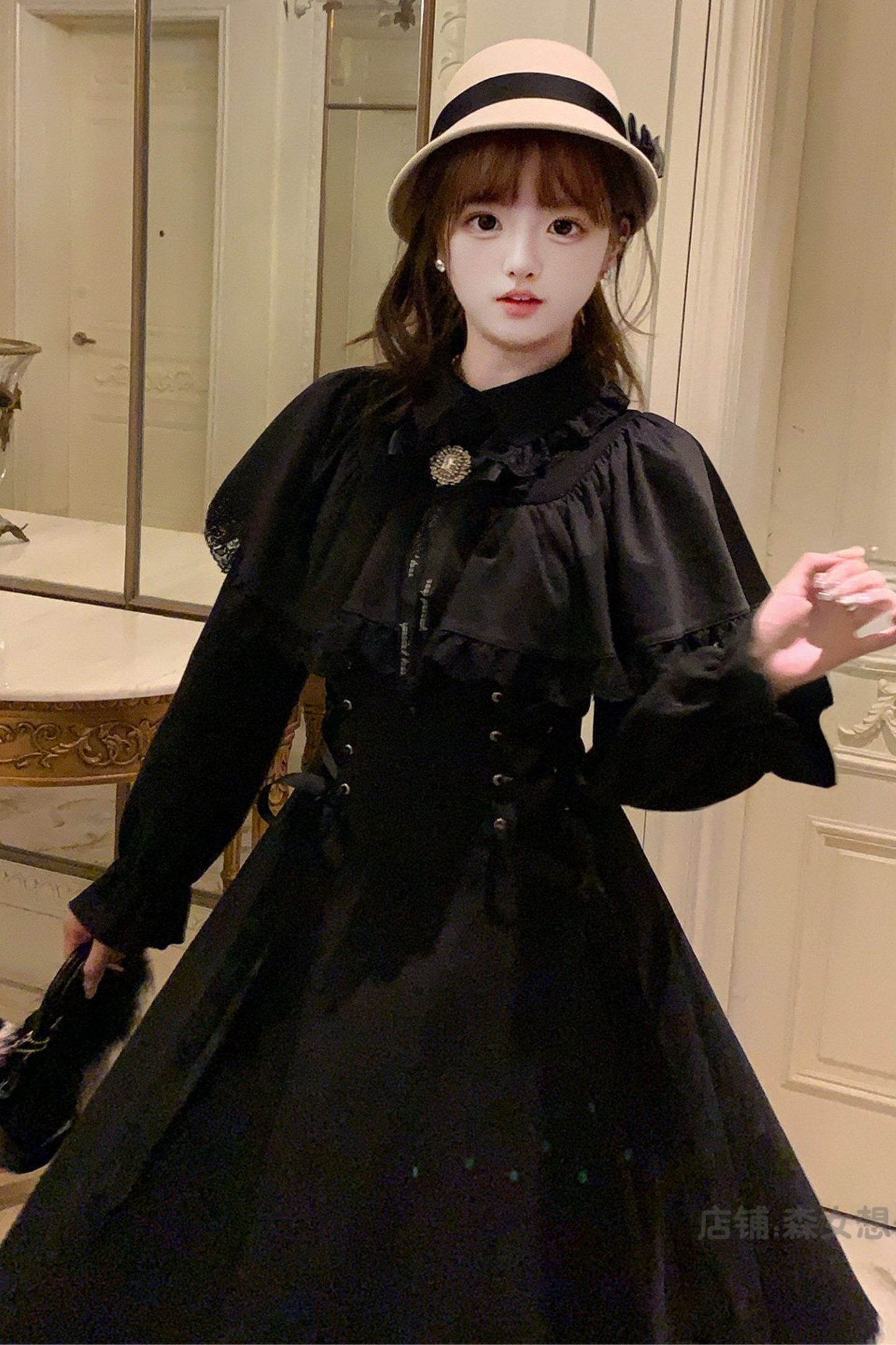 Lace-up Long Flared Cape Dress