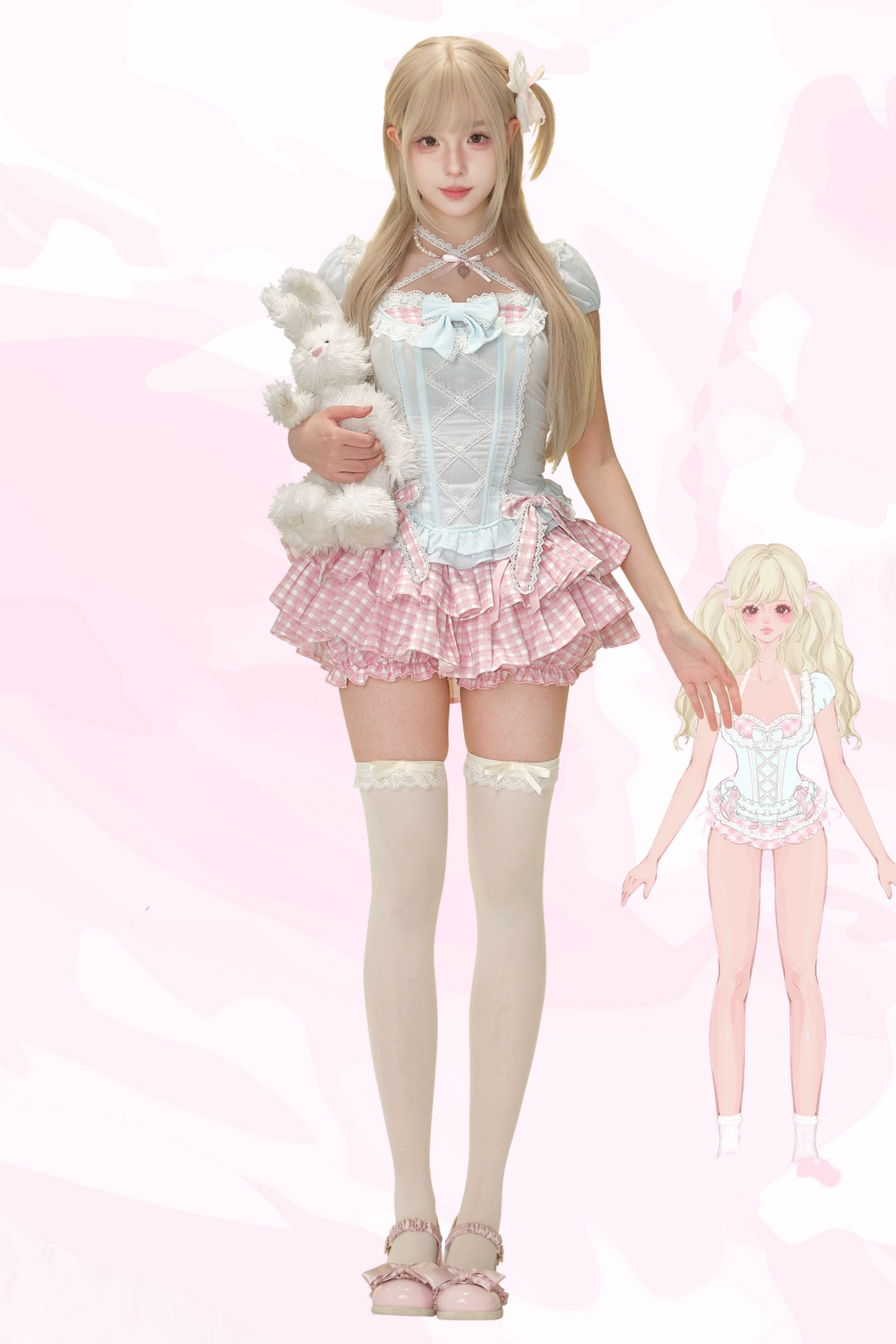 ミントコーンブルーリーリボン+ピンクチェックケーキスカート