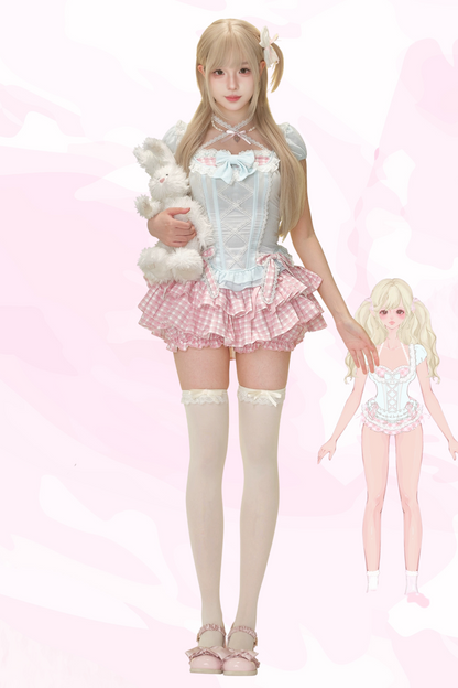 ミントコーンブルーリーリボン+ピンクチェックケーキスカート