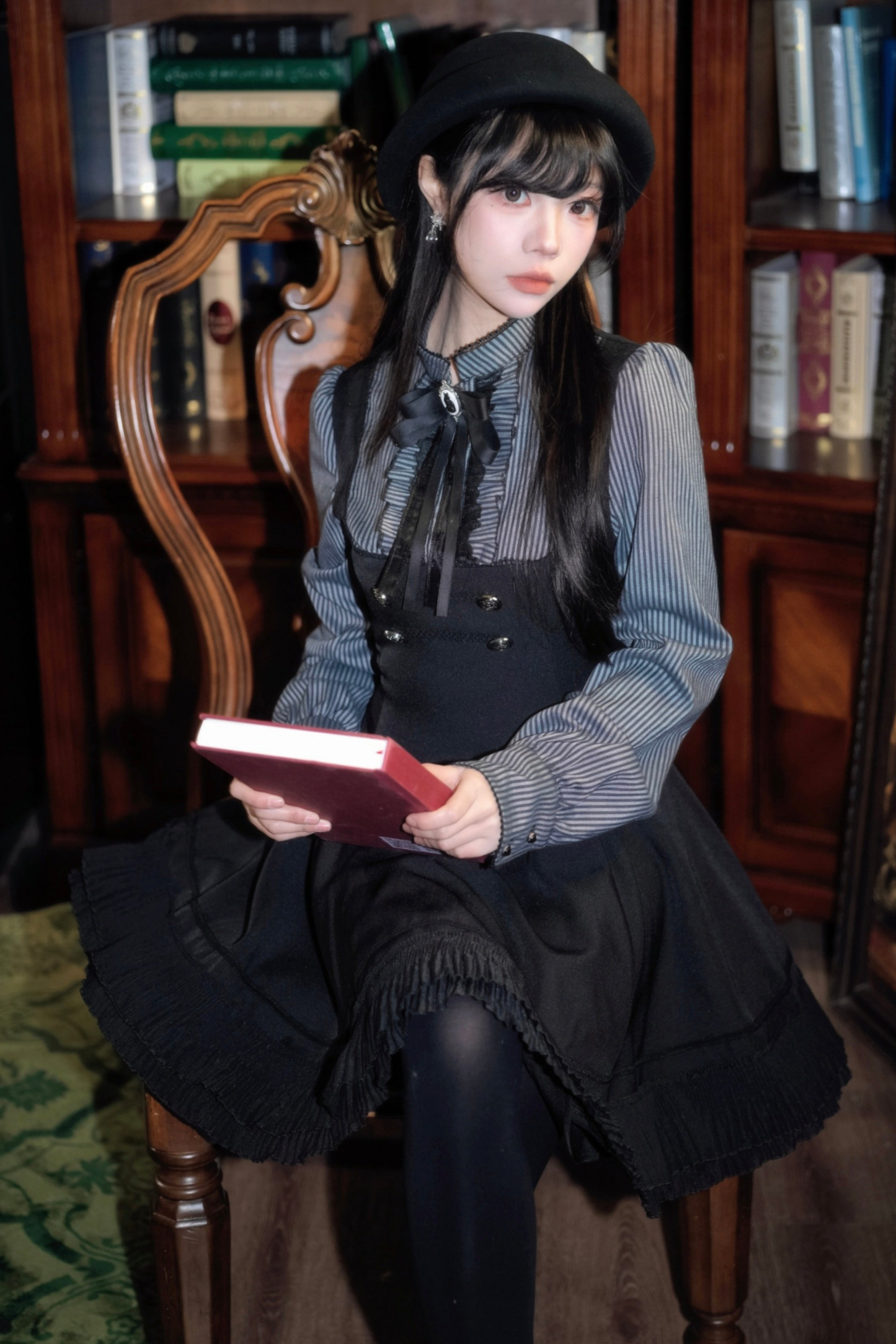 ダークフレンチパッチワークストライプドレス