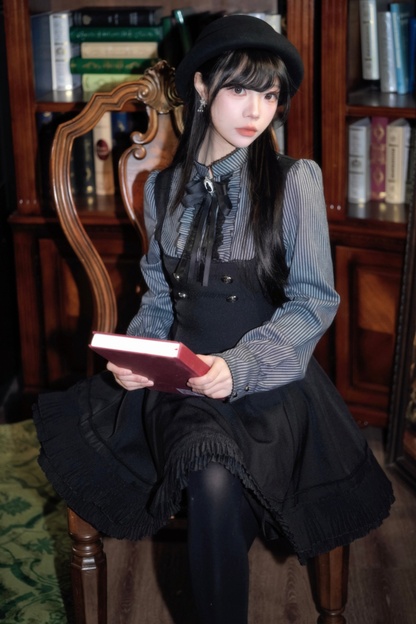 ダークフレンチパッチワークストライプドレス