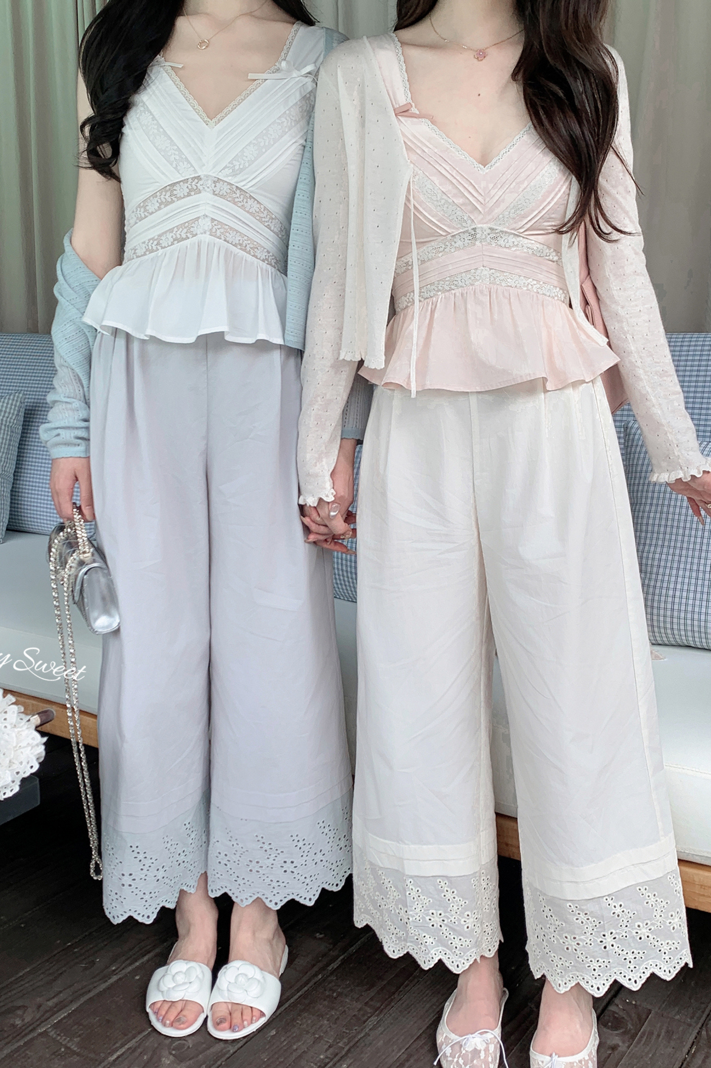 スイートショルダーリボンノースリーブトップス＋レースワイドパンツ