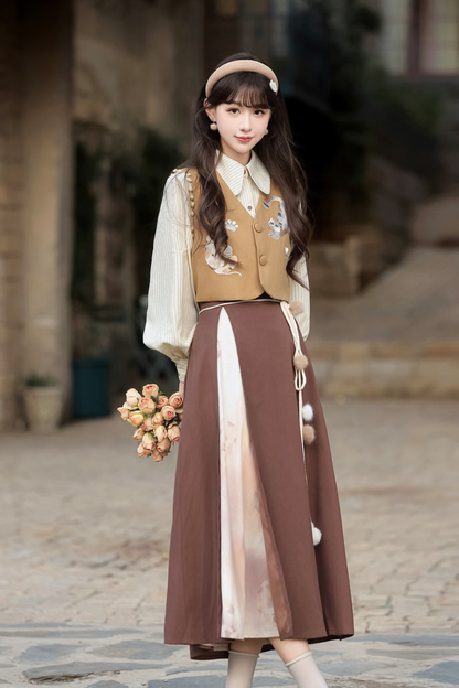 レトロキャットベスト+トップス+スカート