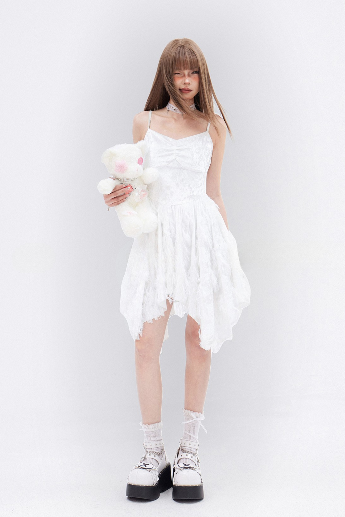 White Irregular Suspender Dress