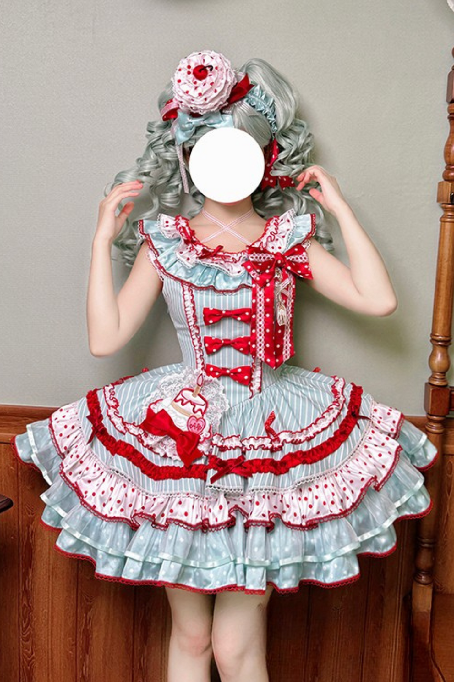[Pre-order Deadline: September 27] Twin Tiered Lolita Dot Ribbon Striped Dress + Flower Bud Skirt Dress
