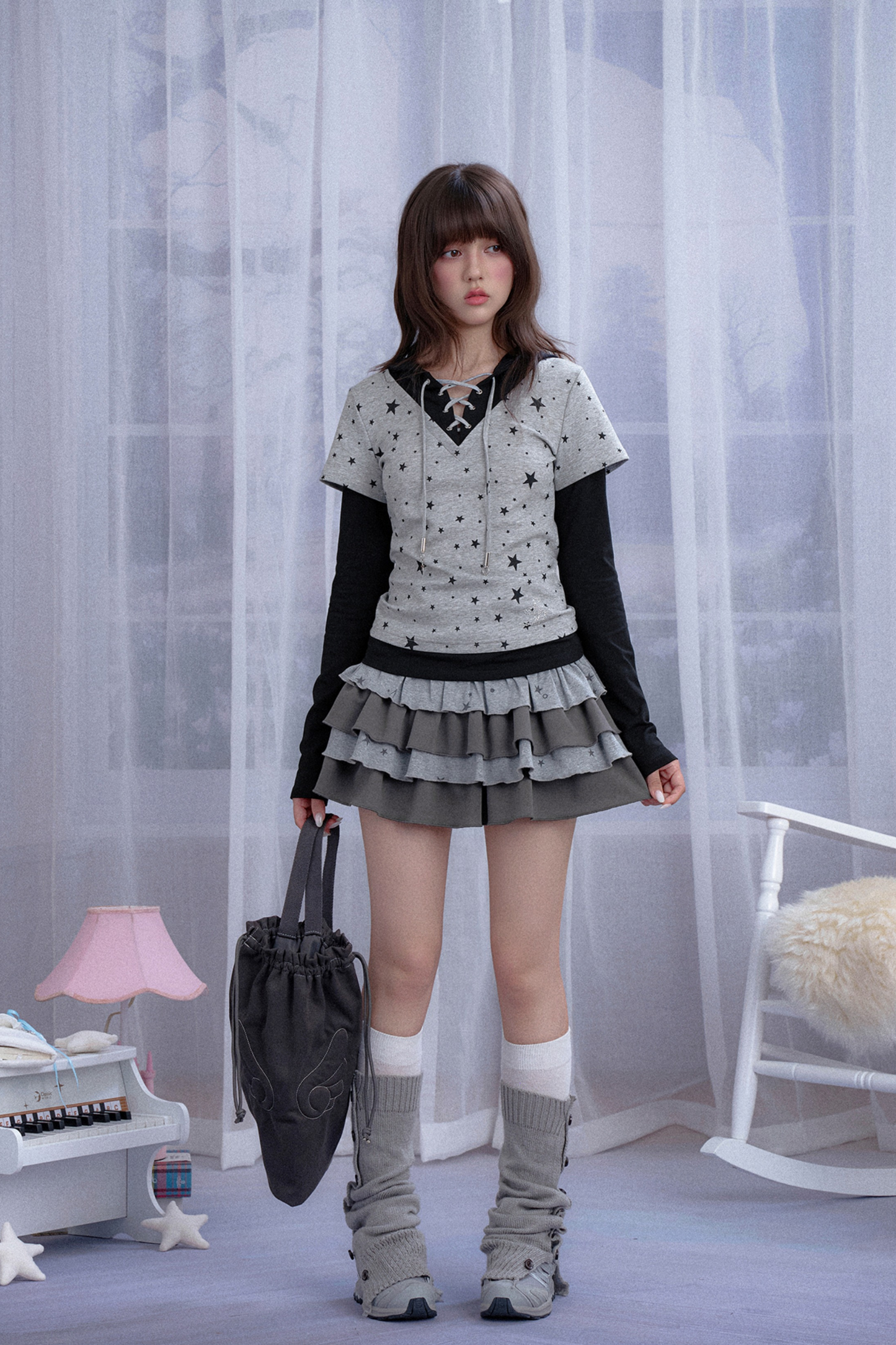 Y2K Star Design Faux Two Piece Hooded Top