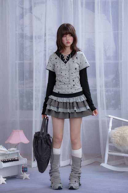 Y2K Star Design Faux Two Piece Hooded Top