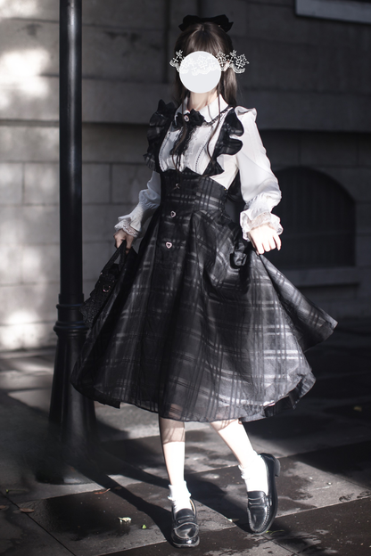 エレガントロングチェックサススカート＋シャツ＋リボン