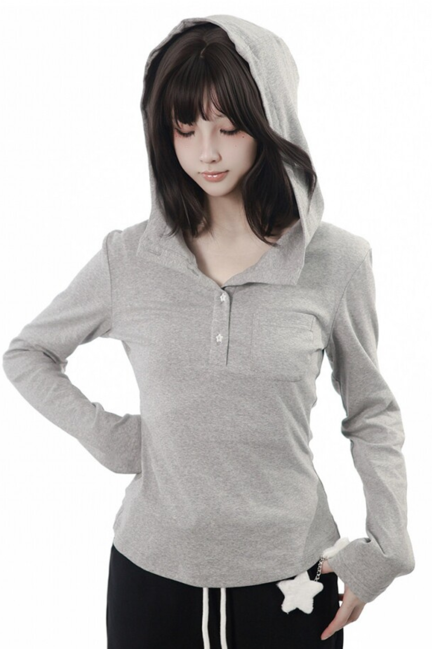 Star Button Hooded Top