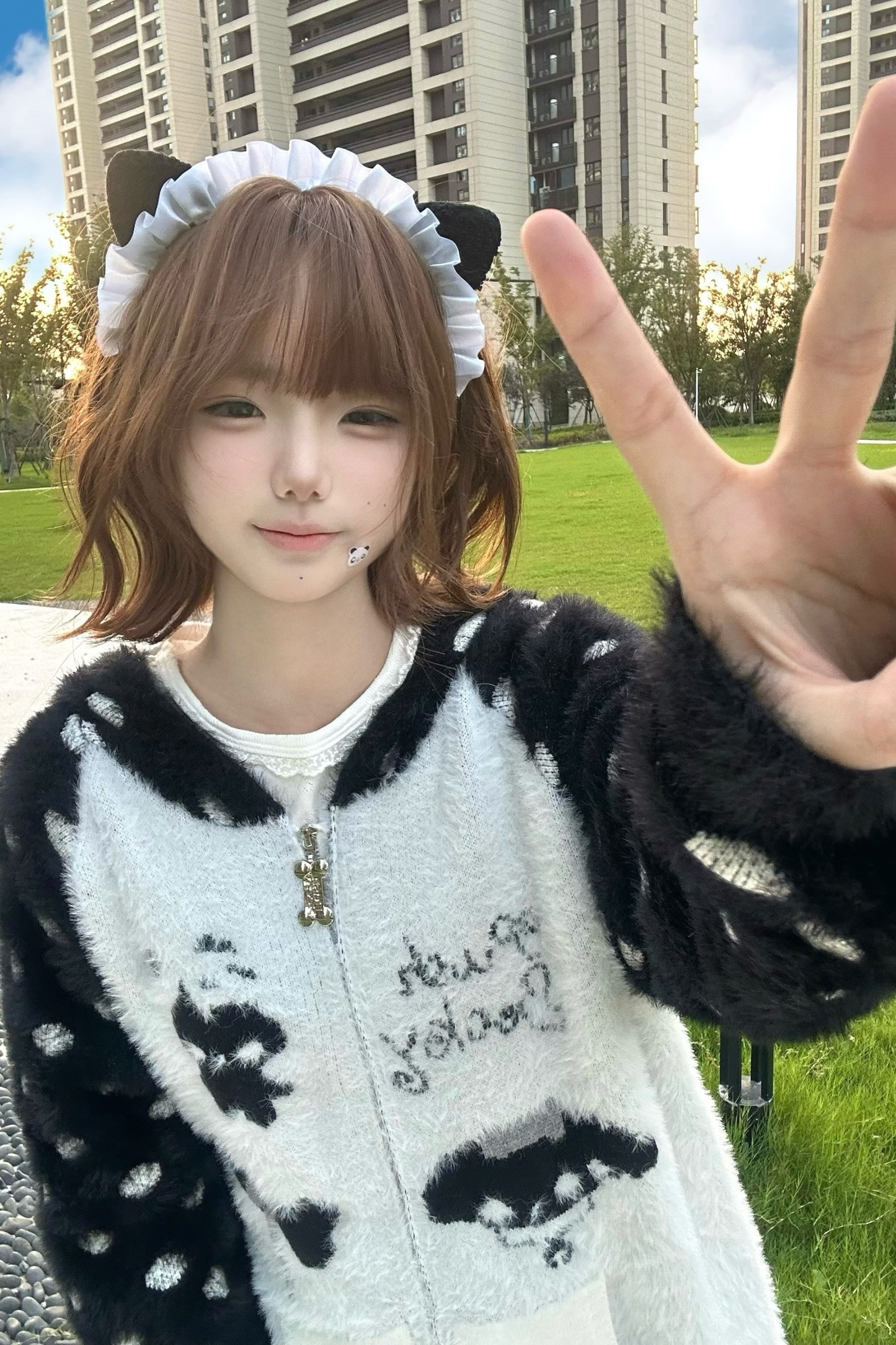 キャットイヤーフードドットデザインニットパーカー