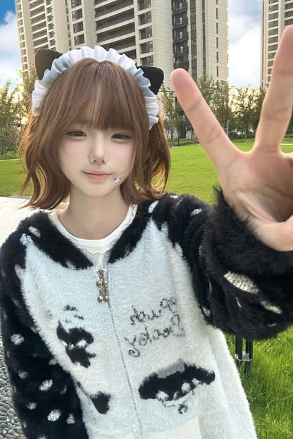 キャットイヤーフードドットデザインニットパーカー