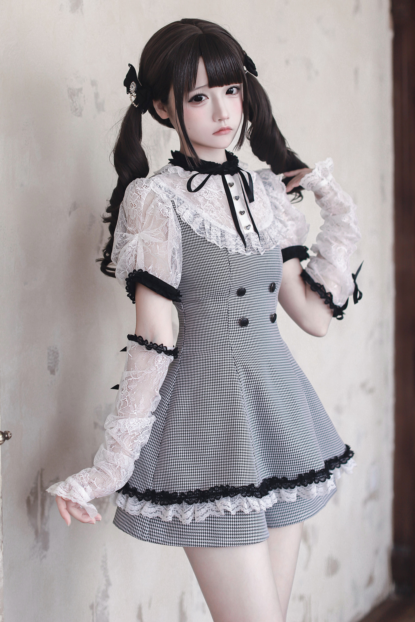 [3월 15일 예약마감] 깅엄 체크 다크 스위트 레이스 원피스 + 반바지