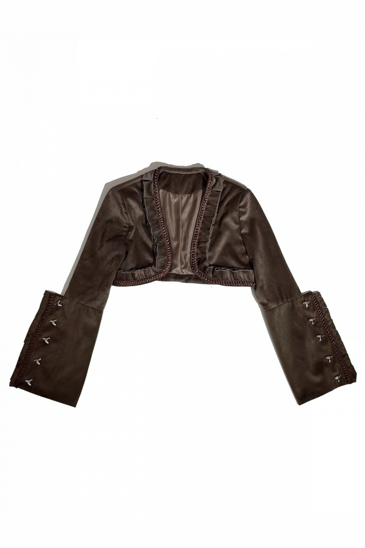 [Reservierungsschluss 6. November] Kurze Jacke im braunen Steampunk- und schwarzen Gothic-Mode-Stil aus Samt mit Rüschenbesatz, Herzmotiv und Manschettendekor