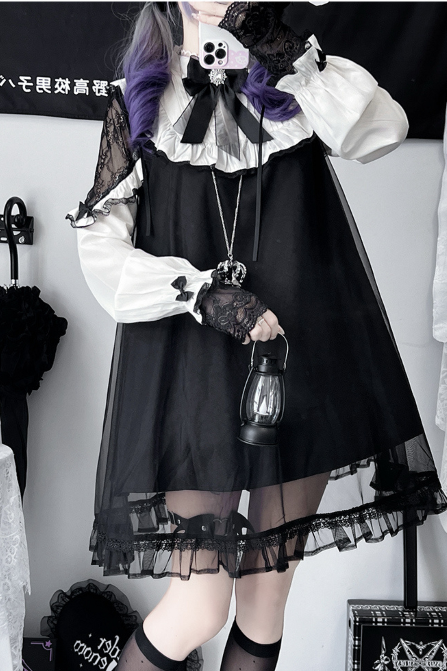 Lace Edge Mesh Splicing Little Black Dress