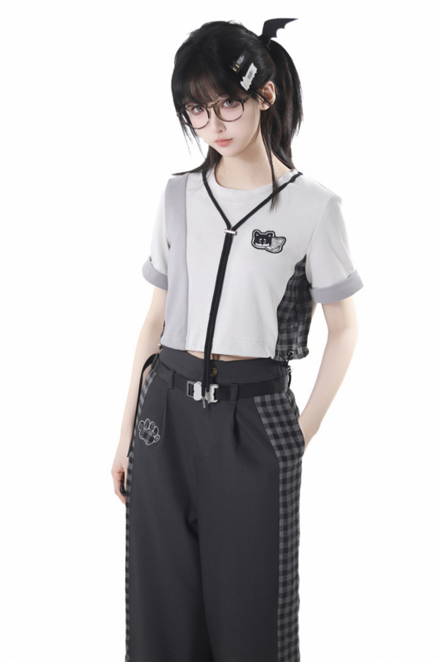 チェックショートトップス+チェックパンツ+フードトップス