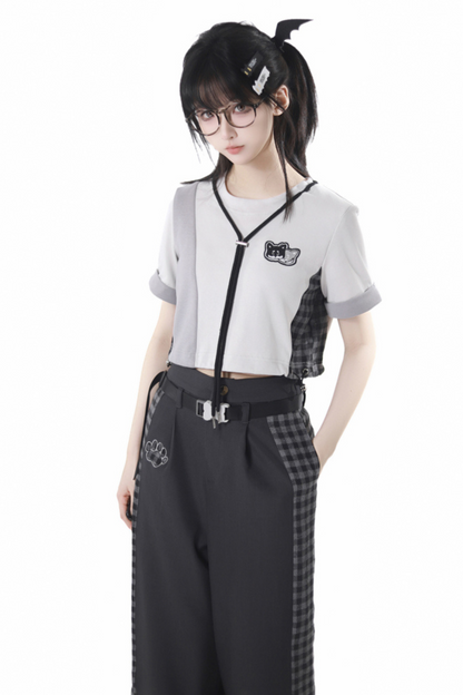 チェックショートトップス+チェックパンツ+フードトップス