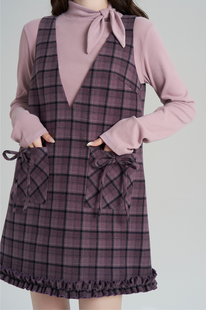 パープルプレイドラッフルドレス+トップス
