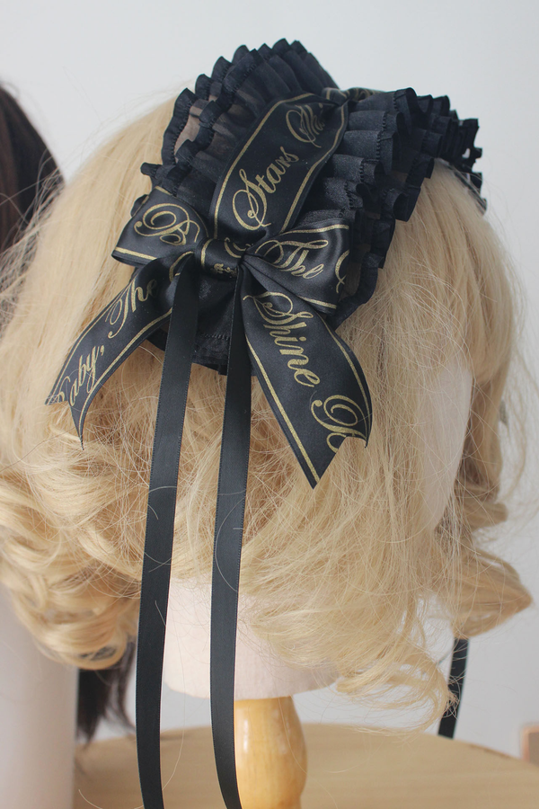 ブラックゴールドロリータヘッドバンド+リボンカチューシャ+チョーカー+ハットベール+スリーブ