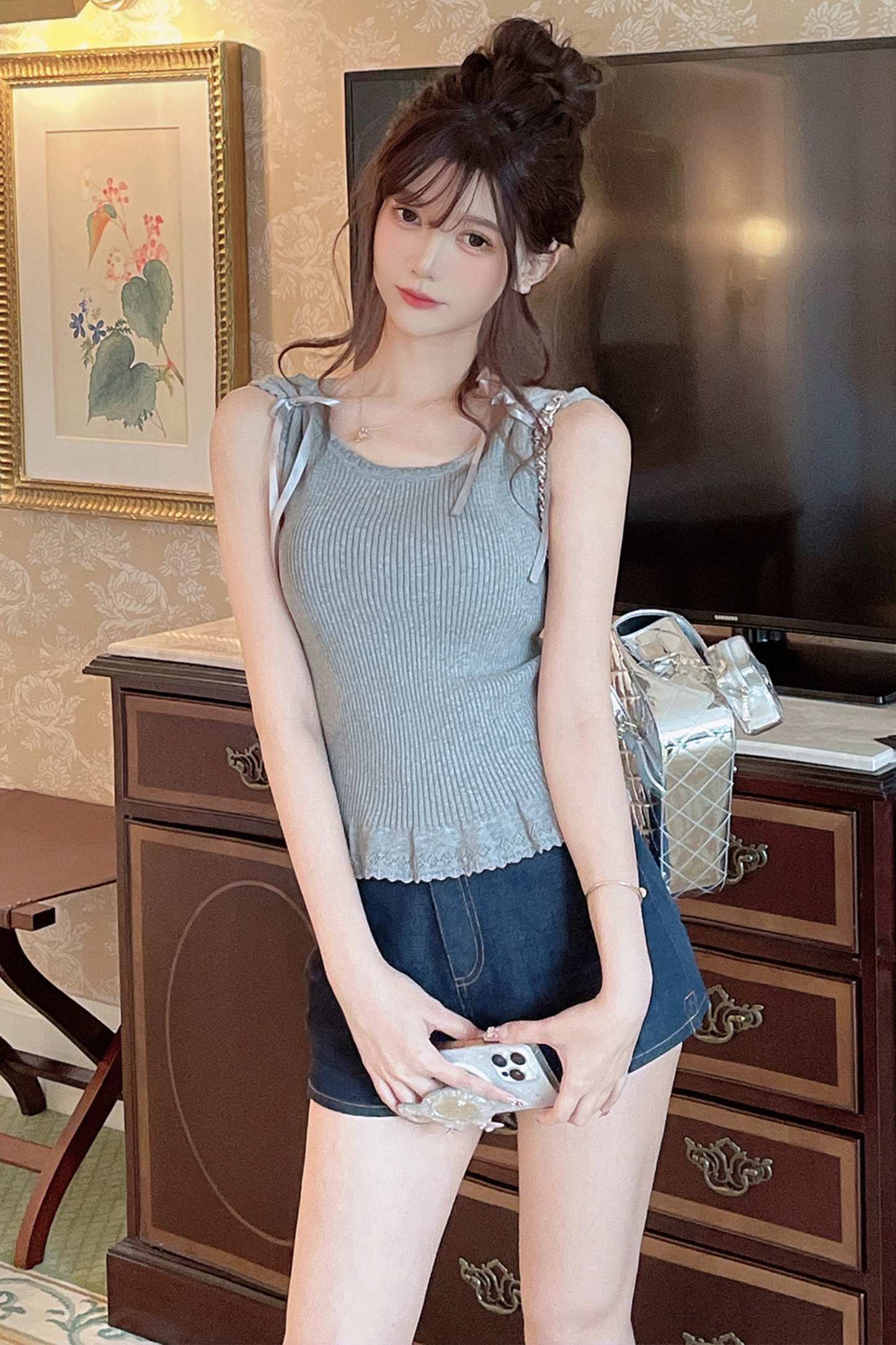 レースニットリボンショルダーキャミソール