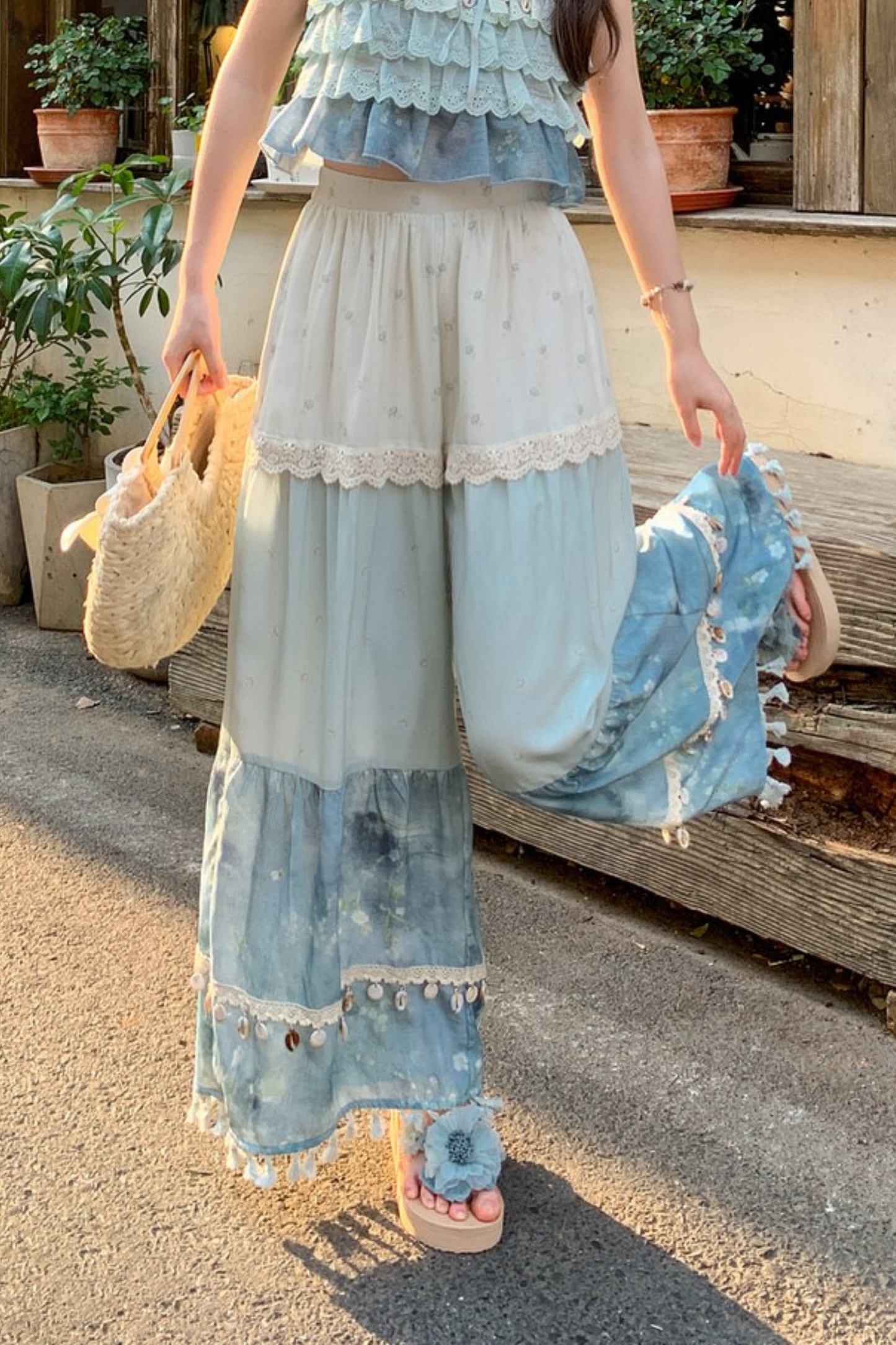 シーブルーデザインワイドパンツ