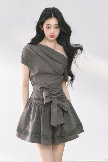 ウエストスリムパフィーオフショルダードレス