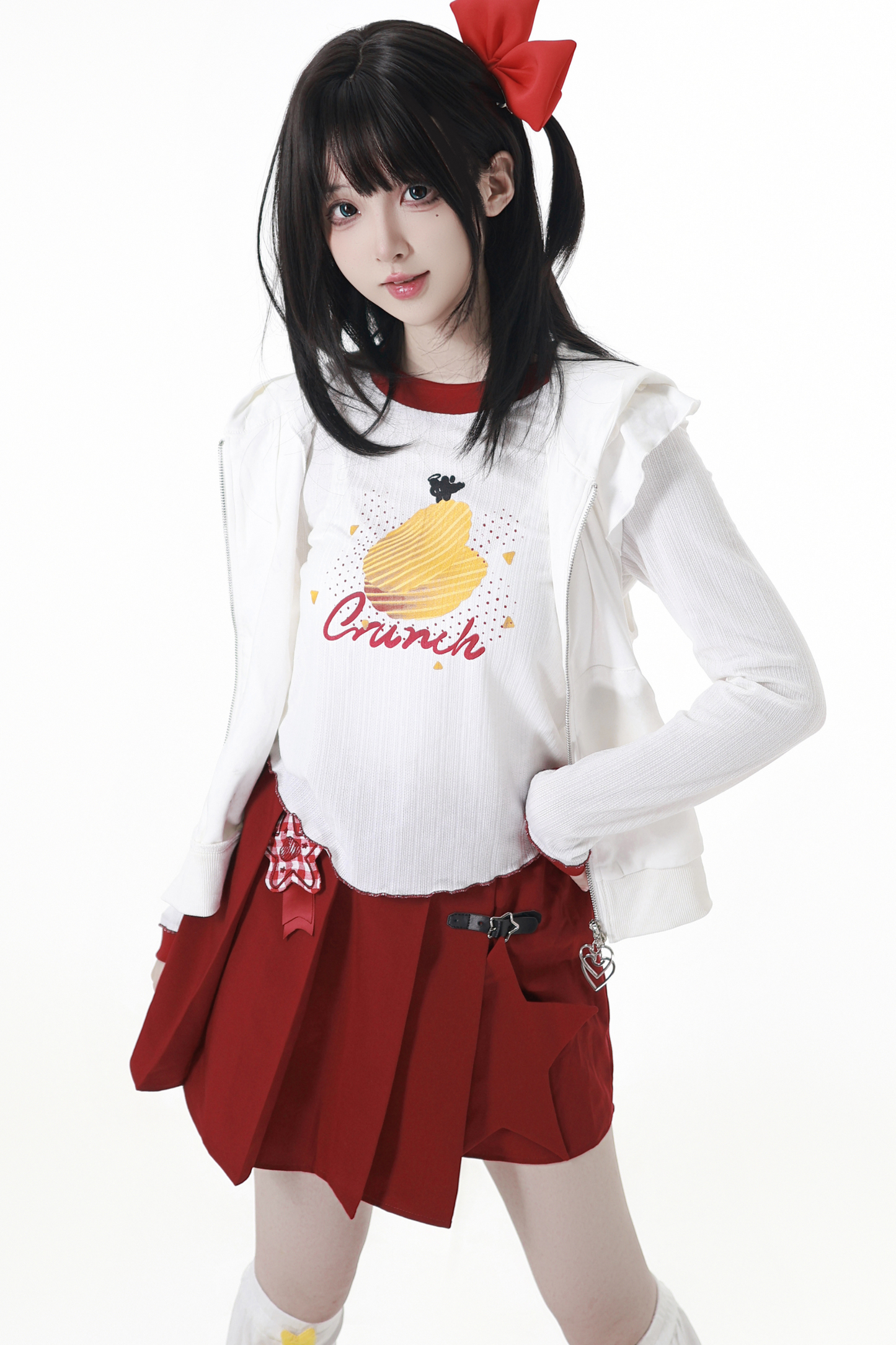 スナックガールフードベスト+トップス+プリーツスカート+レッグウォーマー