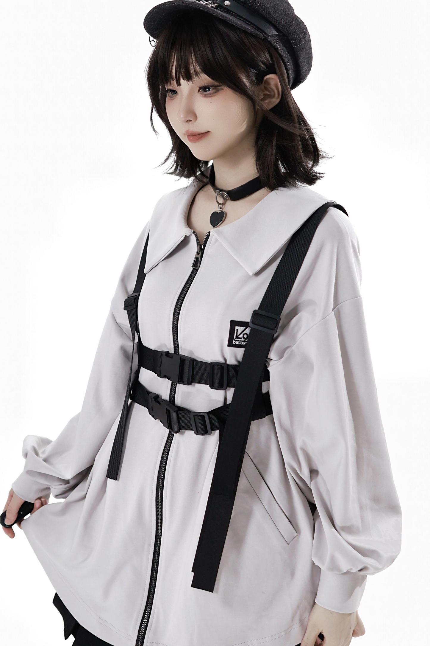 Neutral hooded jacket + coat + top + pants + straps