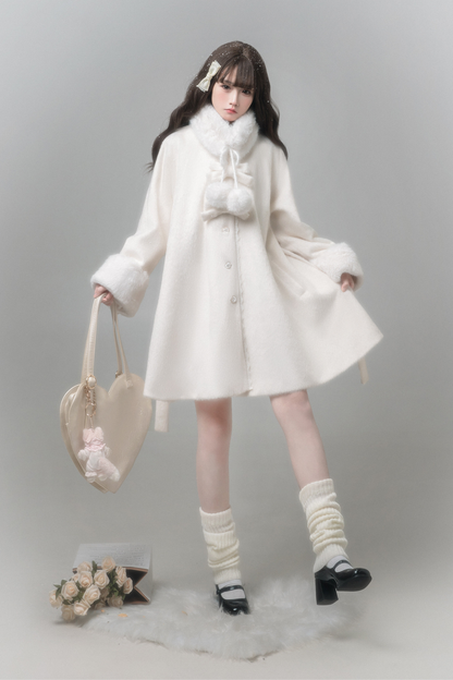 ピュアガーリースタイルコート+シャツ+ファーカラー+スカート