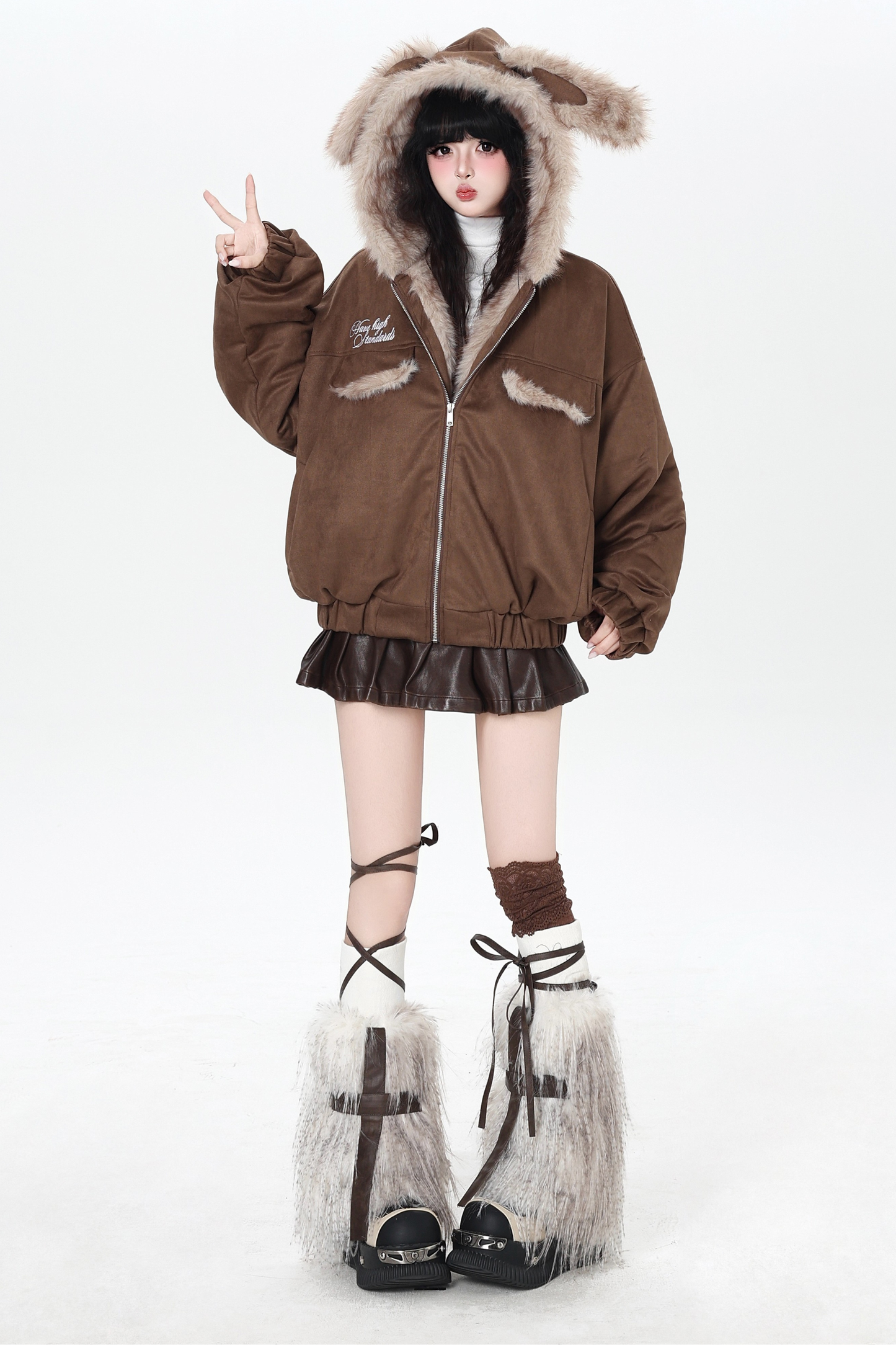 Rabbit Fur Hooded Suede Jacket
