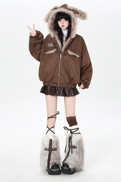 Rabbit Fur Hooded Suede Jacket