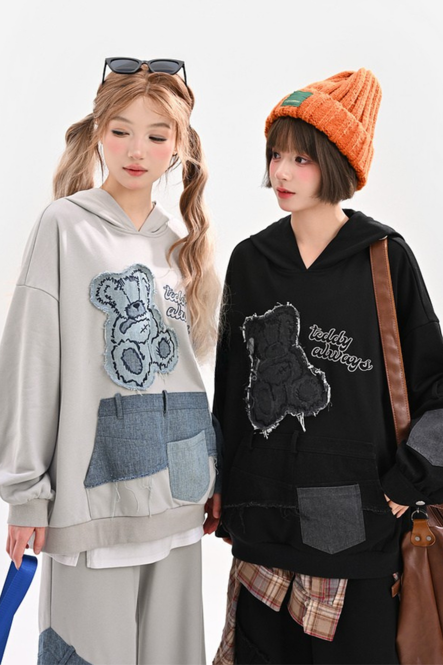 Patchwork Bear Design Loose Hooded Hoodie + Sweatpants