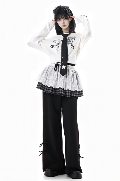 One-shoulder top + pants + hooded par jacket + skirt