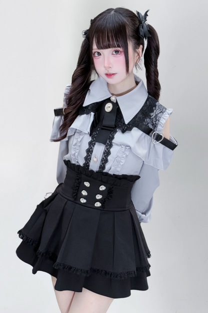 [Deadline for reservations: October 15] Open Shoulder Heart Leather Strap Ruffle Ribbon Shirt