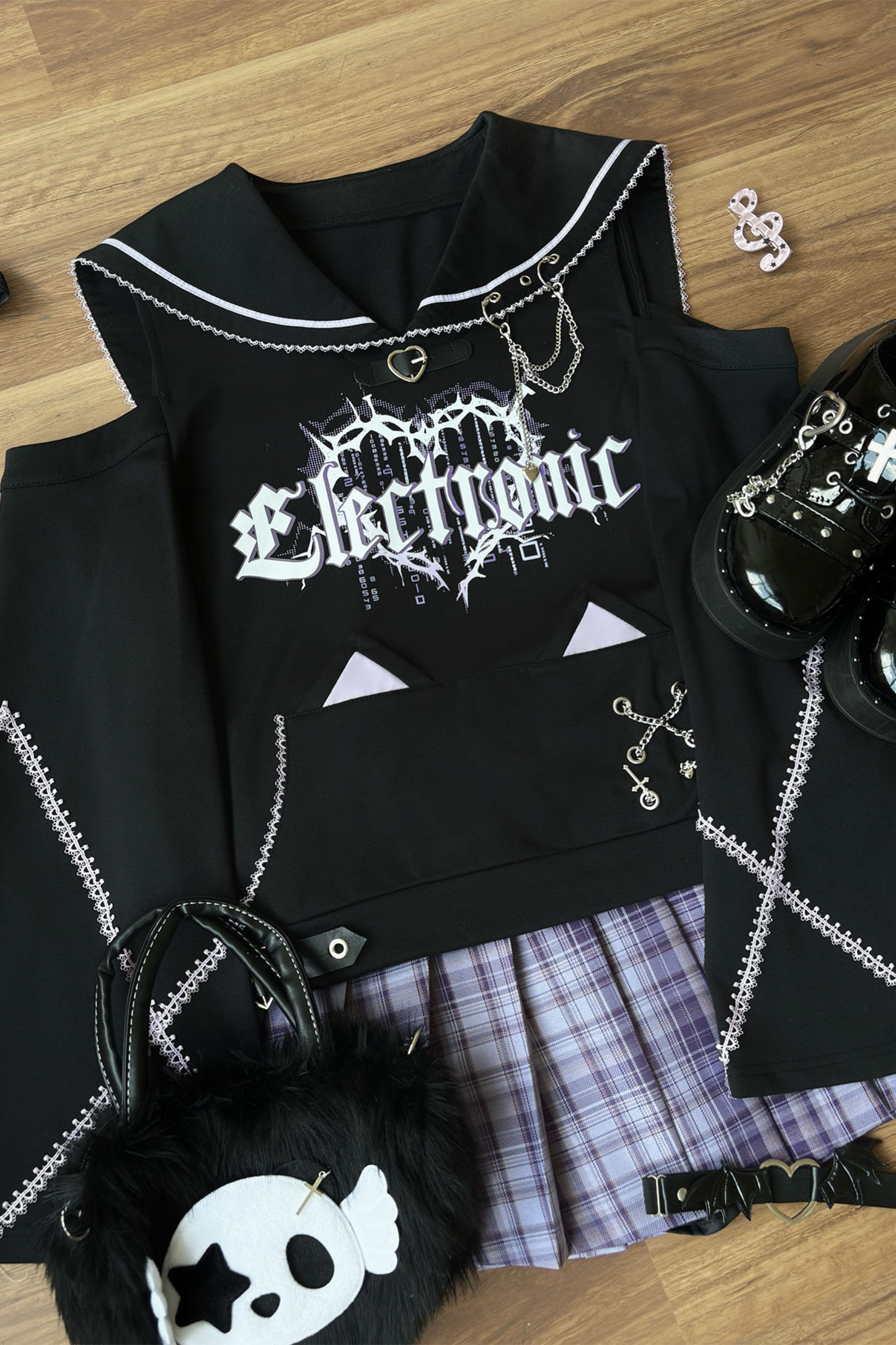 サブカルチャーセーラーオフショルダールーズスウェット