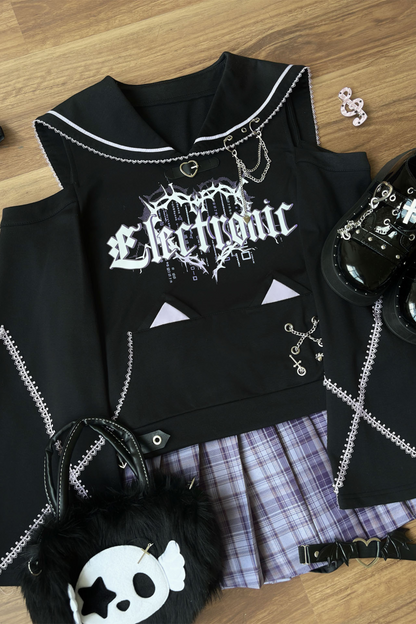 サブカルチャーセーラーオフショルダールーズスウェット