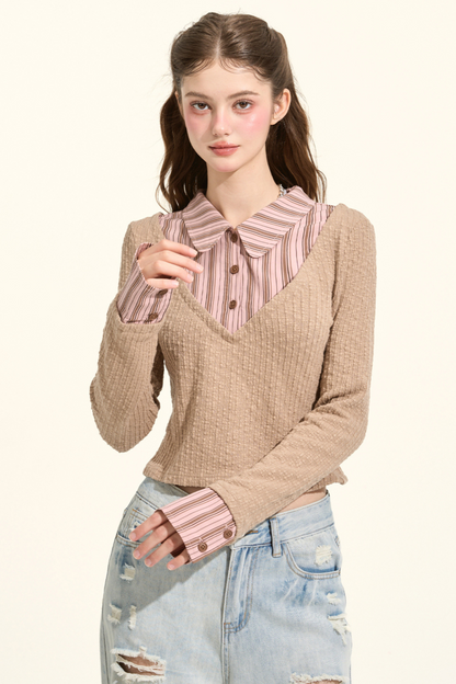 プレッピースタイルストライプカラーフェイクツーピースニット