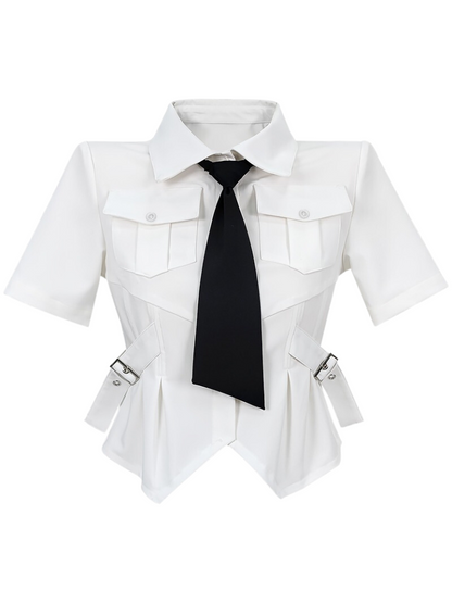 Cool handsome pocket tie side strap short shirt