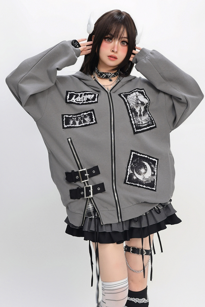 Bee Stitch Print Patchwork Zipper Loose Hoodie