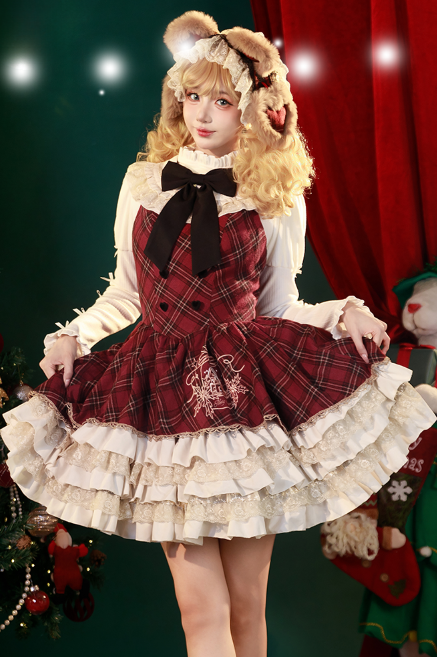 [Pre-order item] Check Lolita JSK + Hooded Cloak + Knit + Bear Catsuit
