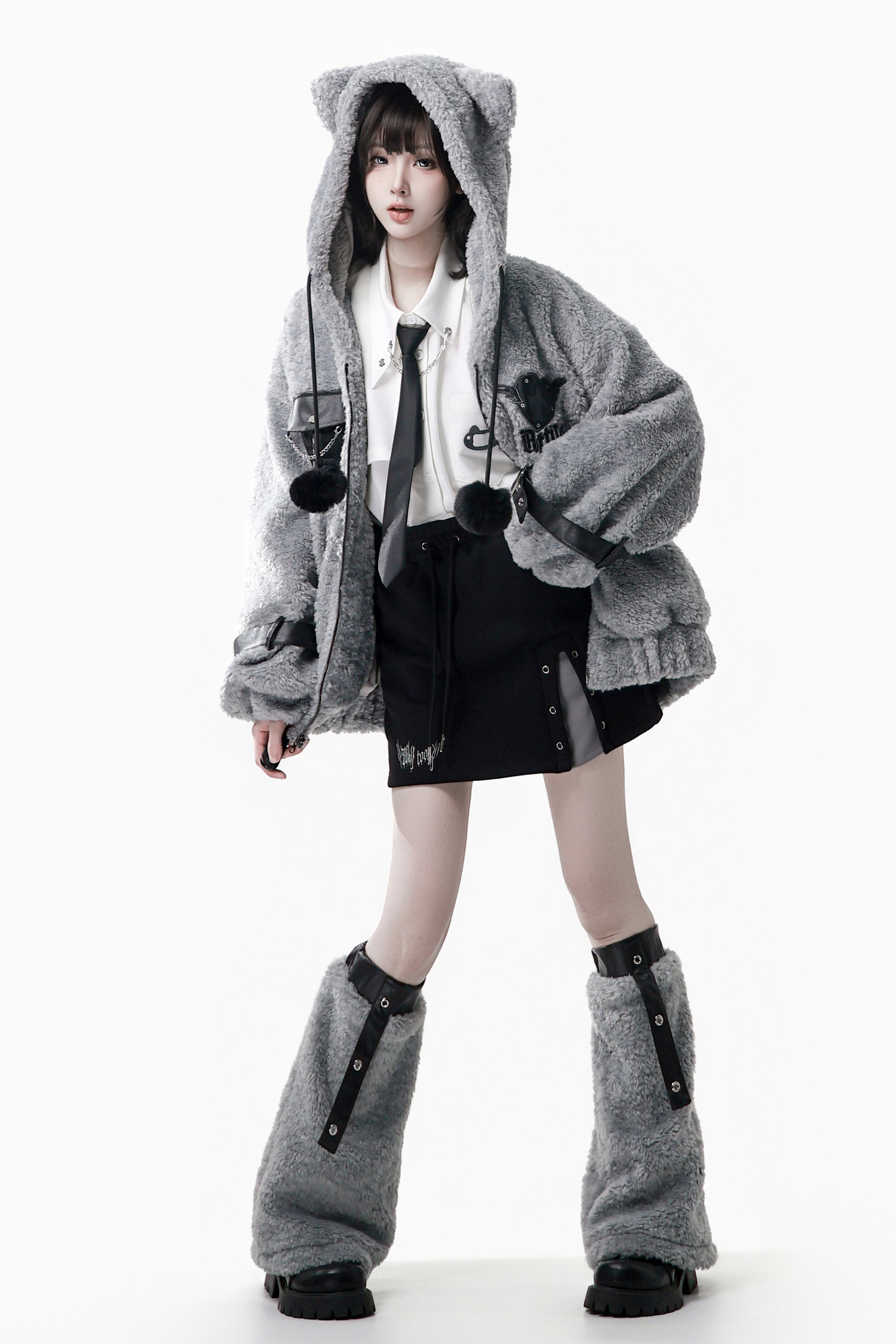 パッチワークファーフードコート+パンツ+シャツ+スカート+レッグカバー