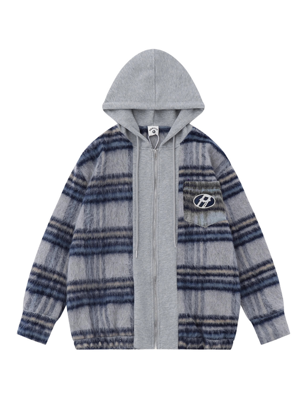 American Retro Check Hooded Loose Faux Faux Two Piece Wool Jacket