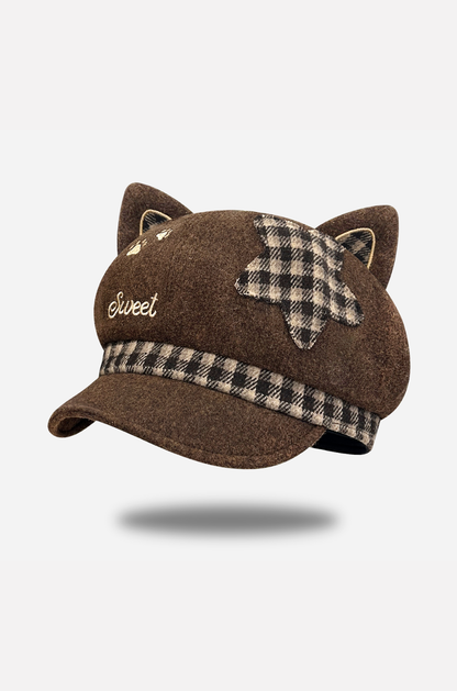 Plaid Star Cat Ear Octagonal Beret