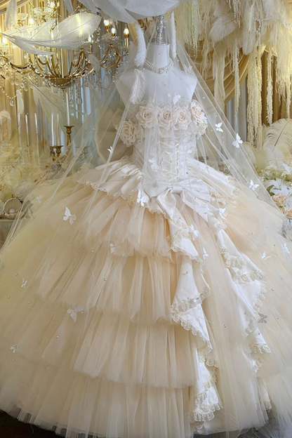 [예약상품] 4월 4일 예약마감]애프리콧 웨딩 로리타 원피스+숄+소매+리본 테일+베일