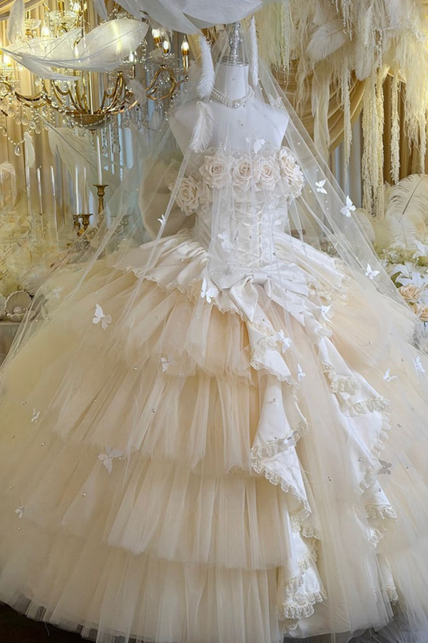 [Précommande jusqu'au 4 avril] Robe Lolita de Mariage Abricot + Châle + Manches + Queue de Ruban + Voile