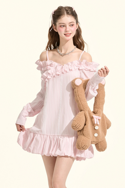 Pre-Fall Lace Striped Off-Shoulder Bubble Gown