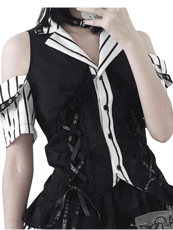 Cord Rabbit Original Off -Shor Stripe Shirt + Assime Man Sliper Association Skirt + Cross Nectage