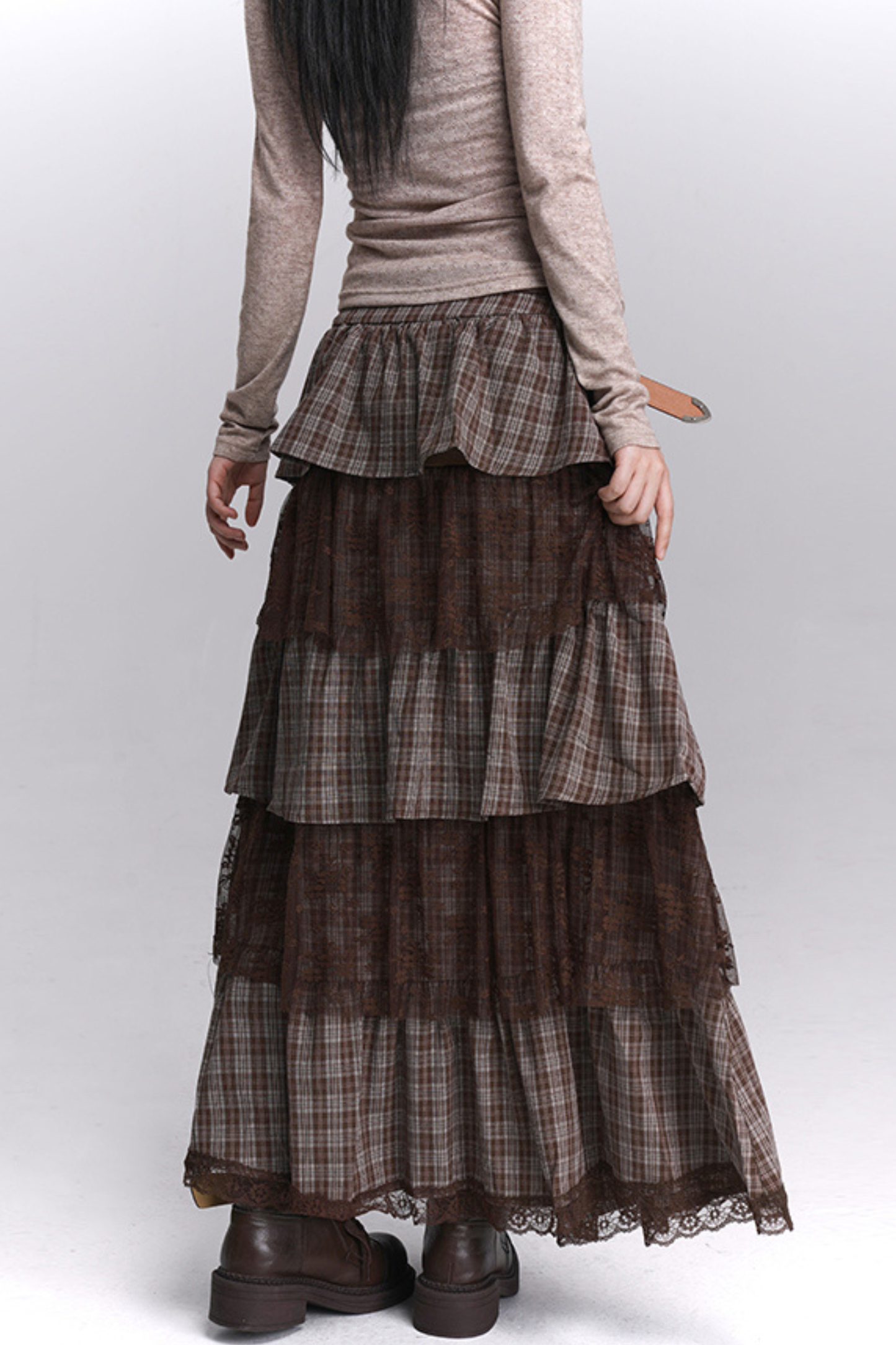 チェックティアードレースロングスカート