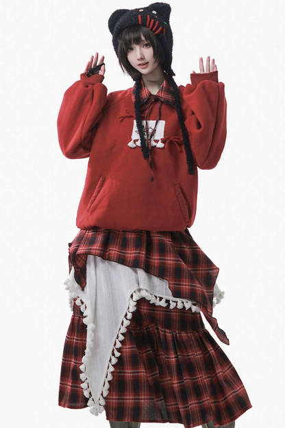 ルーズフリーススウェット+チェックスカート